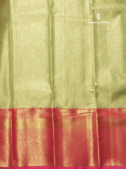 Light Elaichi Green Tissue Bridal Semi Silk Saree With Contrast Pink Border