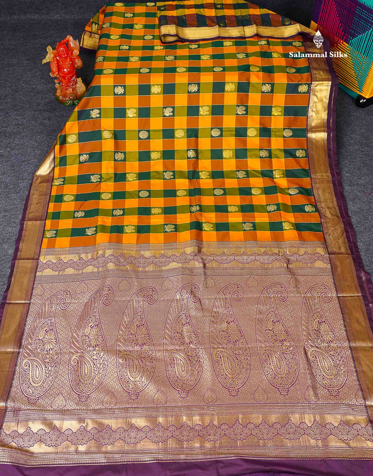 Semi Silk Saree - Paalum Pazham Checks With Traditional Buttas & Purple Border