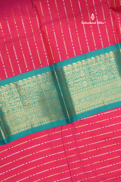 Korvai Pinkish Red Colour Pure Kanjivaram Silk Saree With Contrast Sapphire Green Border