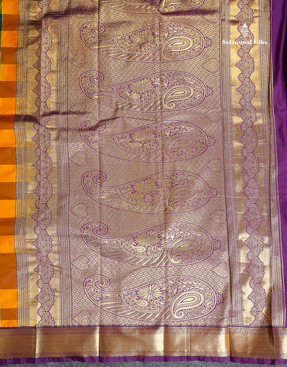 Semi Silk Saree - Paalum Pazham Checks With Traditional Buttas & Purple Border