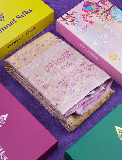 Beautiful Cream Sandal Tissue Bridal Pure Kanjivaram Silk Saree With Contrast Light Purple Fancy Border