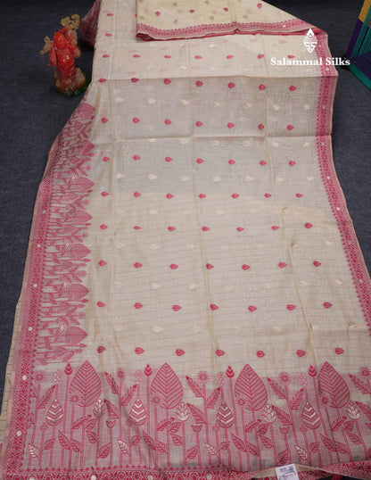 Beautiful Cream Sandal Cotton Mix Saree With Contrast Ramar Blue Fancy Border