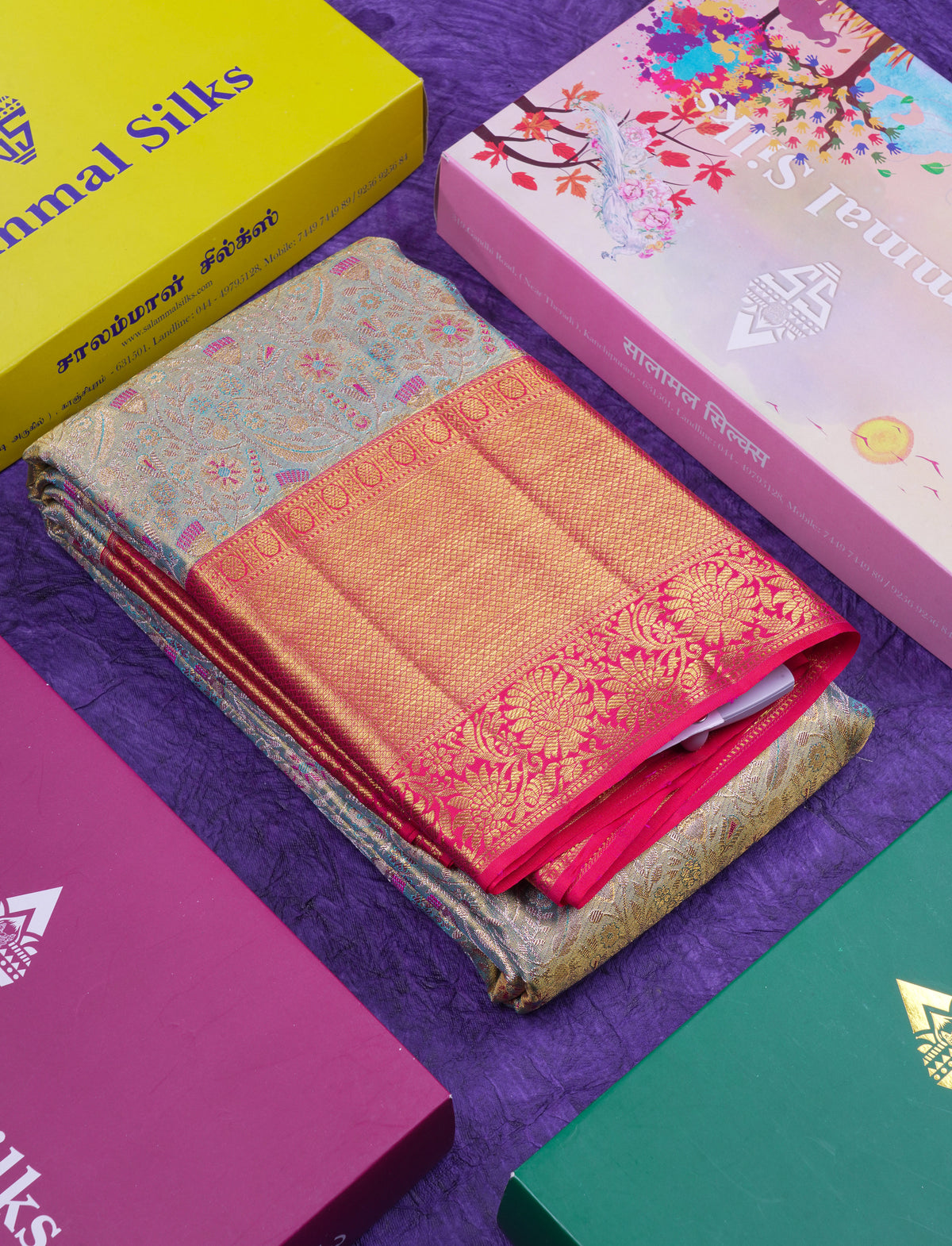 Beautiful Pastel Blue Tissue Bridal Pure Kanjivaram Silk Saree With Contrast Pinkish Orange Traditional Border