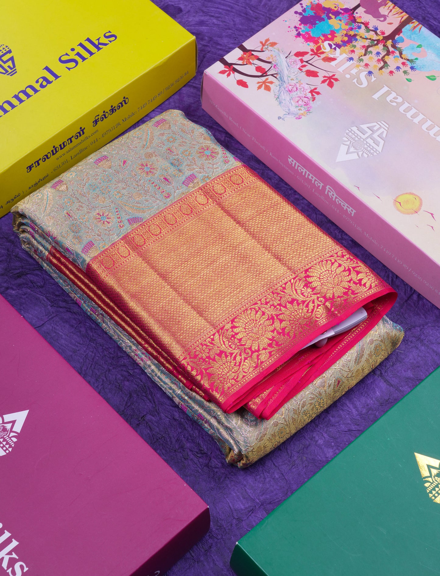Beautiful Pastel Blue Tissue Bridal Pure Kanjivaram Silk Saree With Contrast Pinkish Orange Traditional Border