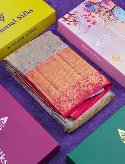 Beautiful Pastel Blue Tissue Bridal Pure Kanjivaram Silk Saree With Contrast Pinkish Orange Traditional Border