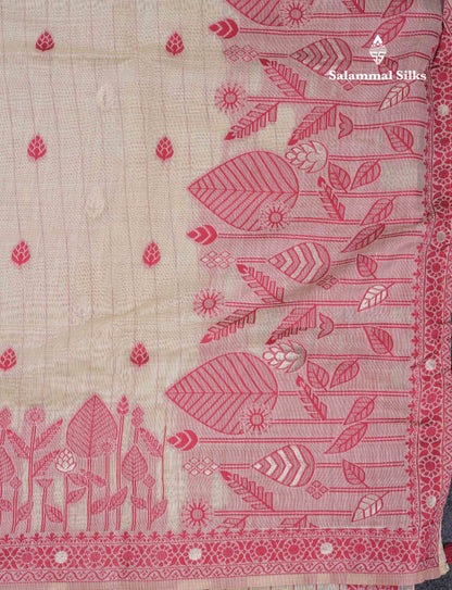 Beautiful Cream Sandal Cotton Mix Saree With Contrast Ramar Blue Fancy Border