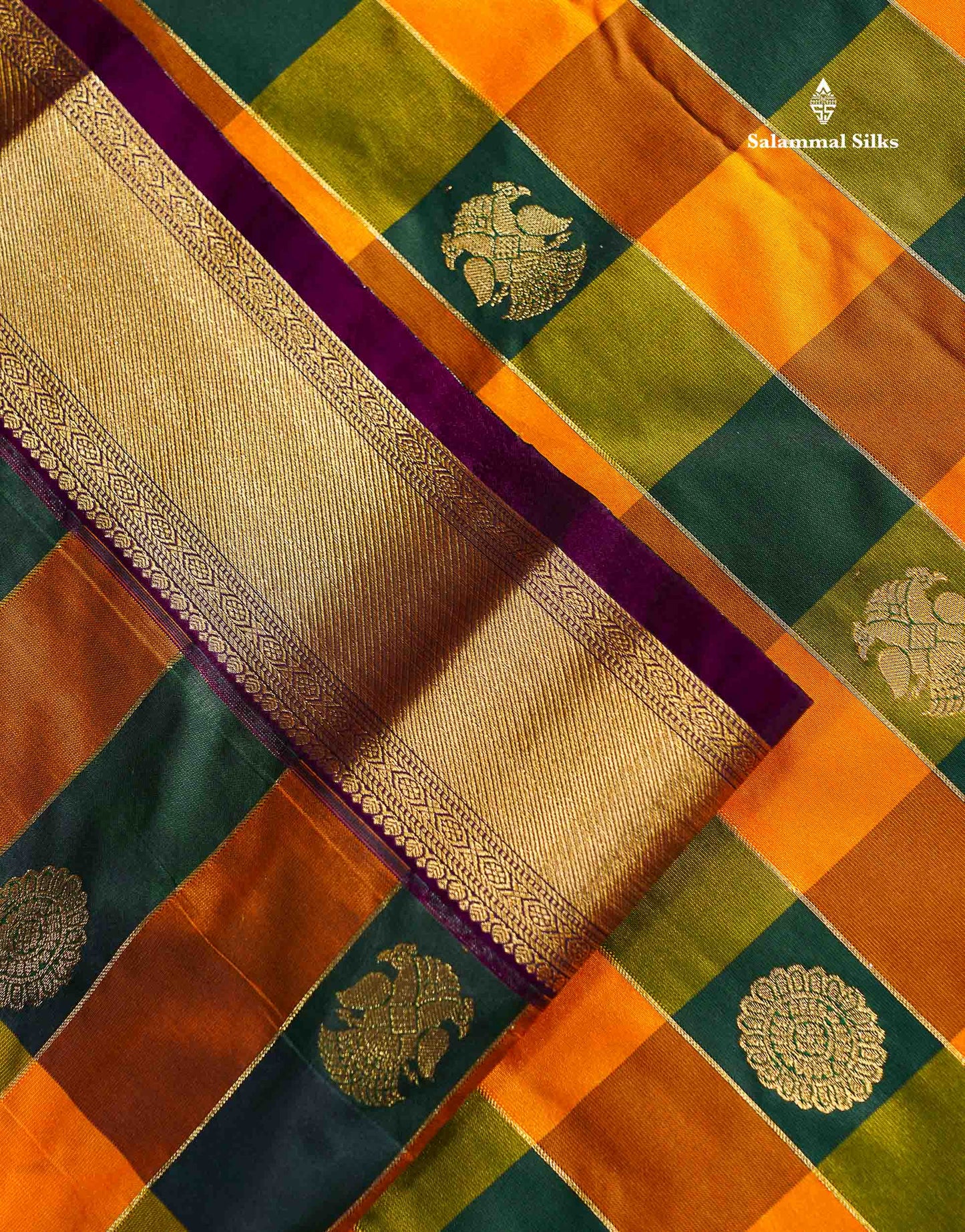 Semi Silk Saree - Paalum Pazham Checks With Traditional Buttas & Purple Border
