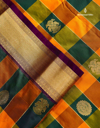 Semi Silk Saree - Paalum Pazham Checks With Traditional Buttas & Purple Border