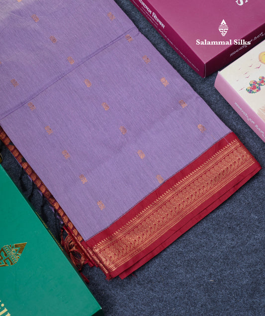 Lavender Kalyani Cotton Saree With Contrast Maroon Border