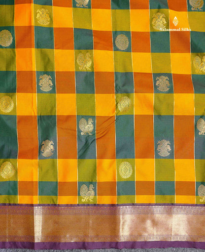 Semi Silk Saree - Paalum Pazham Checks With Traditional Buttas & Dark Purple Border