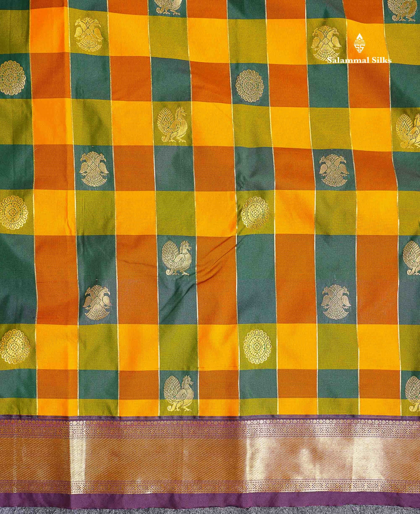 Semi Silk Saree - Paalum Pazham Checks With Traditional Buttas & Purple Border