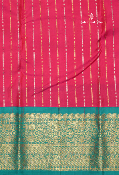 Korvai Pinkish Red Colour Pure Kanjivaram Silk Saree With Contrast Sapphire Green Border