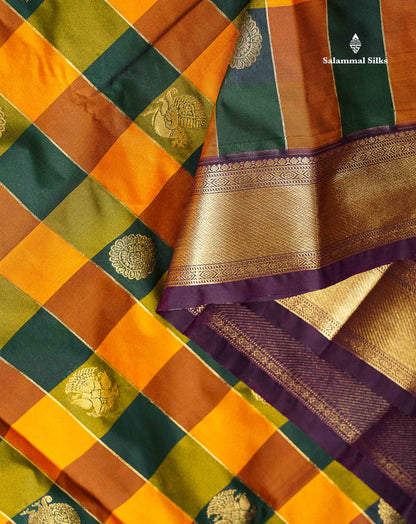 Semi Silk Saree - Paalum Pazham Checks With Traditional Buttas & Purple Border