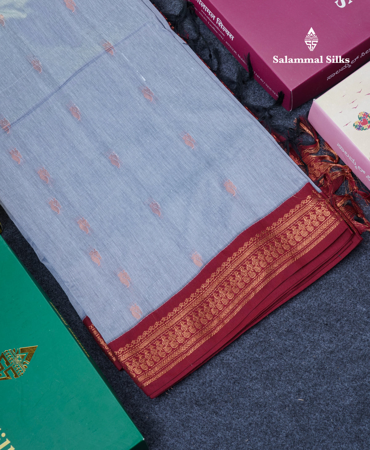 Blueish Grey Kalyani Cotton Saree With Contrast Maroon Border
