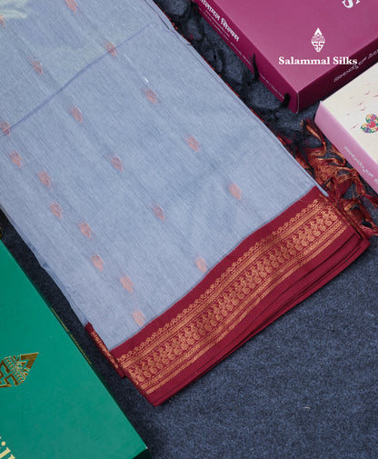 Blueish Grey Kalyani Cotton Saree With Contrast Maroon Border