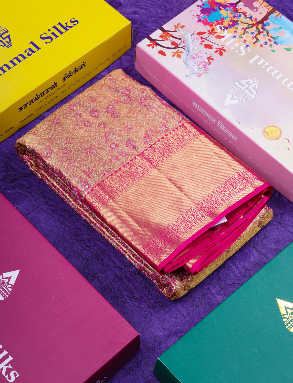 Beautiful Pink Tissue Bridal Pure Kanjivaram Silk Saree With Contrast Rani Pink Traditional Border