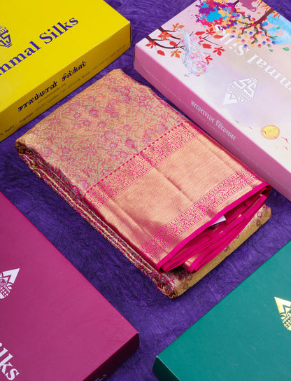 Beautiful Pink Tissue Bridal Pure Kanjivaram Silk Saree With Contrast Rani Pink Traditional Border