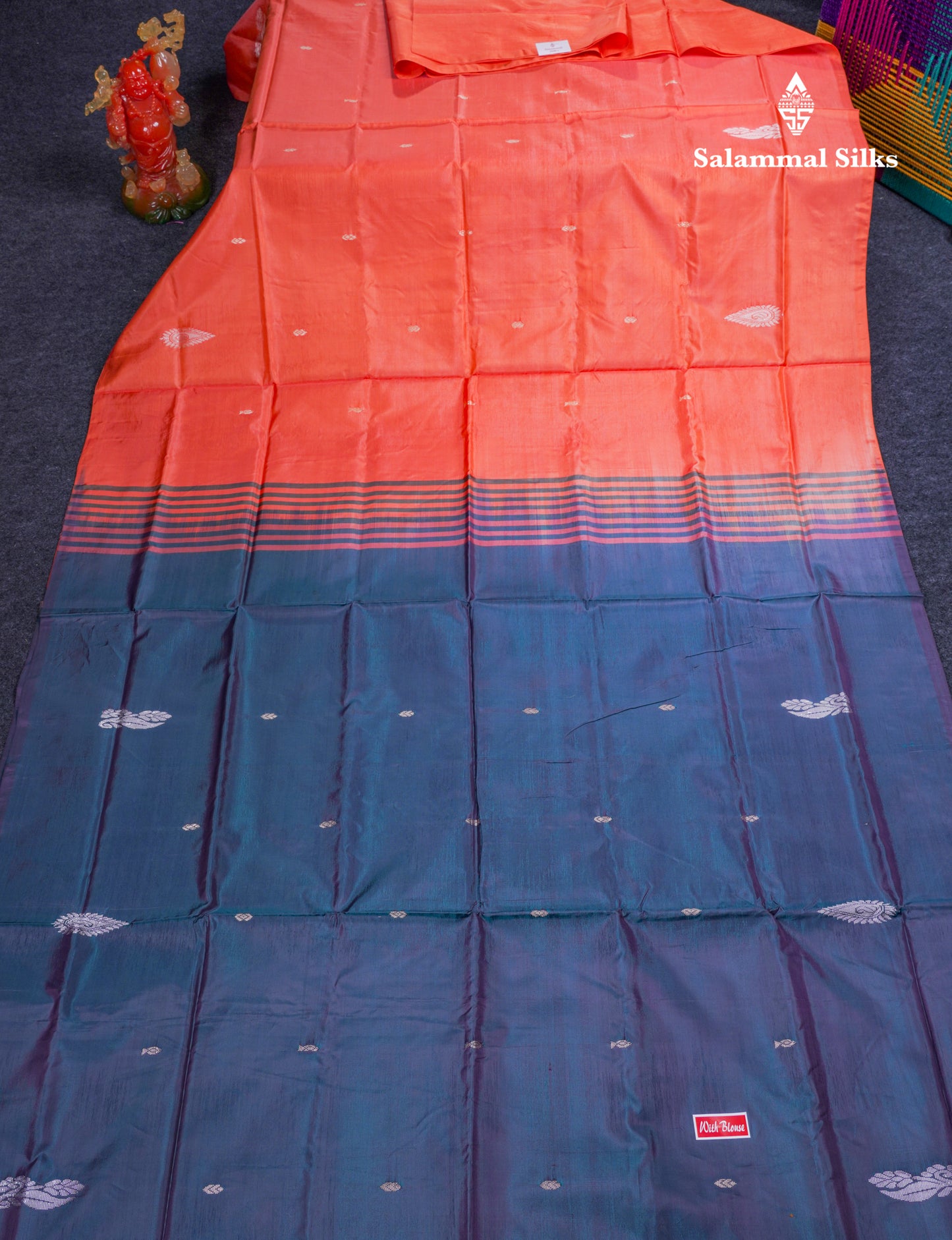 Orange Thread work Buttas Banana Pinth Saree (Vaazhainaar Pattu) With Contrast Dual Tone Peacock Blue Blouse