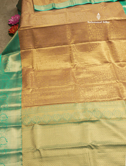 Light Chocolate Tissue Bridal Semi Silk Saree With Contrast Sapphire Green Border