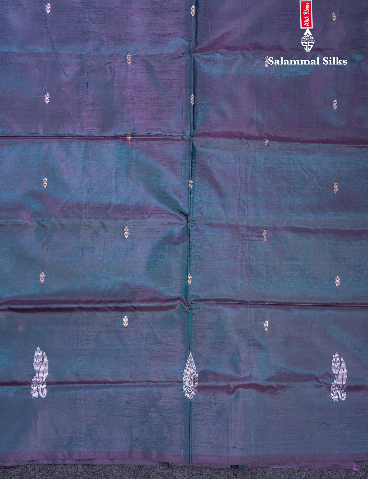 Orange Thread work Buttas Banana Pinth Saree (Vaazhainaar Pattu) With Contrast Dual Tone Peacock Blue Blouse