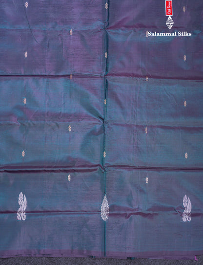 Orange Thread work Buttas Banana Pinth Saree (Vaazhainaar Pattu) With Contrast Dual Tone Peacock Blue Blouse