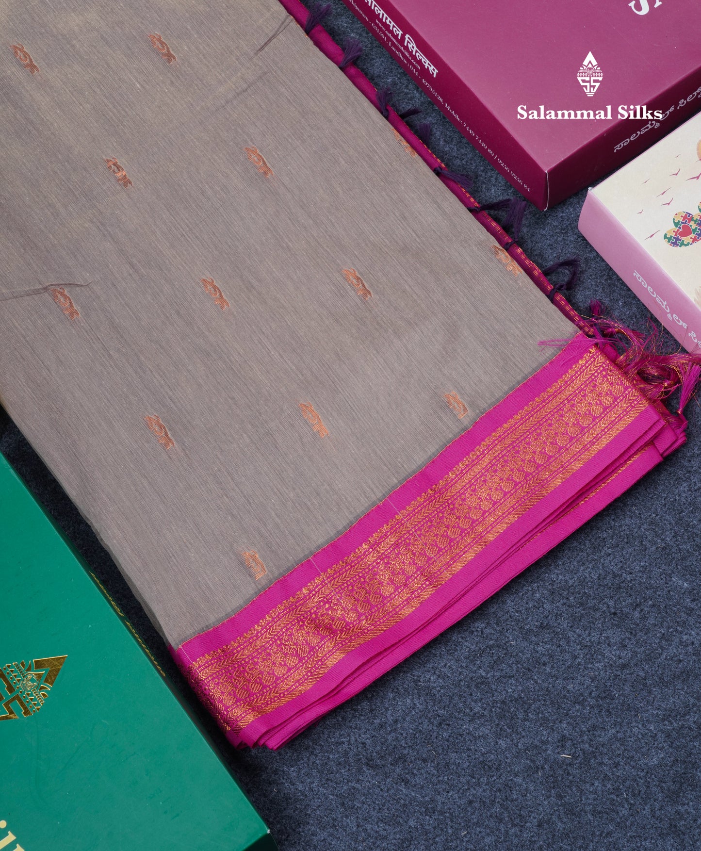 Light Grey Kalyani Cotton Saree With Contrast Pink Border