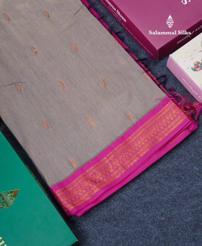 Light Grey Kalyani Cotton Saree With Contrast Pink Border