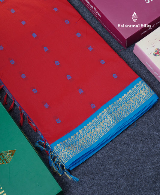 Chilly Red Kalyani Cotton Saree With Contrast Blue Border