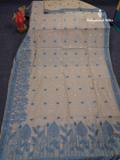 Beautiful Cream Sandal Cotton Mix Saree With Contrast Ramar Blue Fancy Border