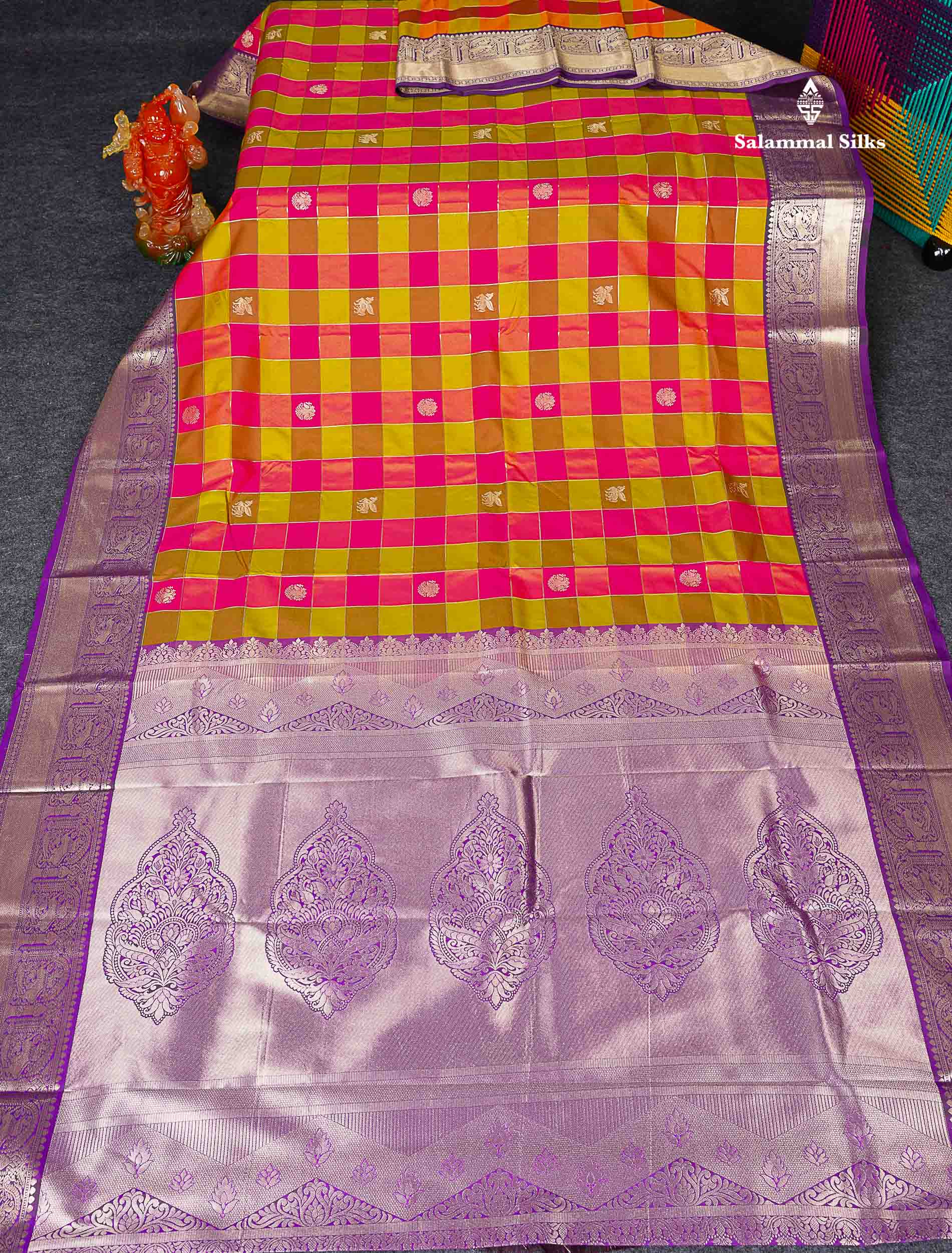 Semi Silk Saree - Paalum Pazham Checks With Traditional Buttas & Purple Border 