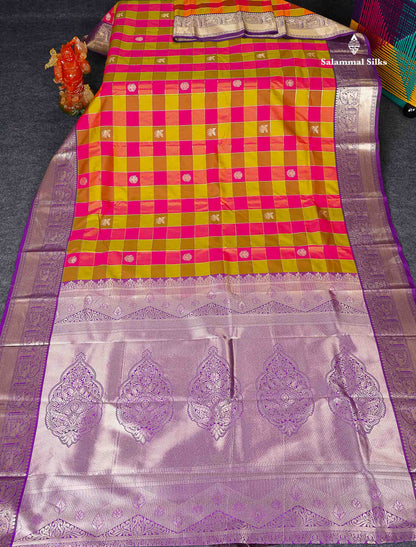Semi Silk Saree - Paalum Pazham Checks With Traditional Buttas & Purple Border 