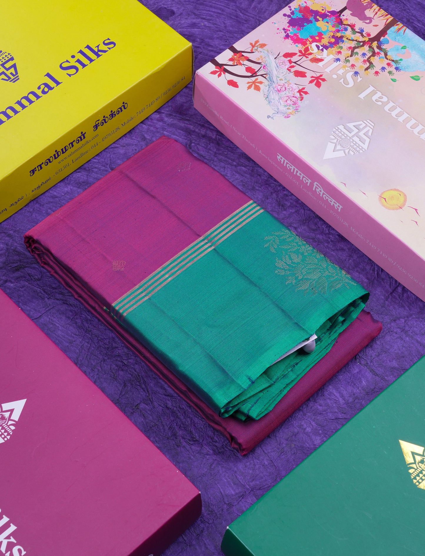 Beautiful Magenta Puremix Silk Saree With Contrast Sapphire Green Fancy Border