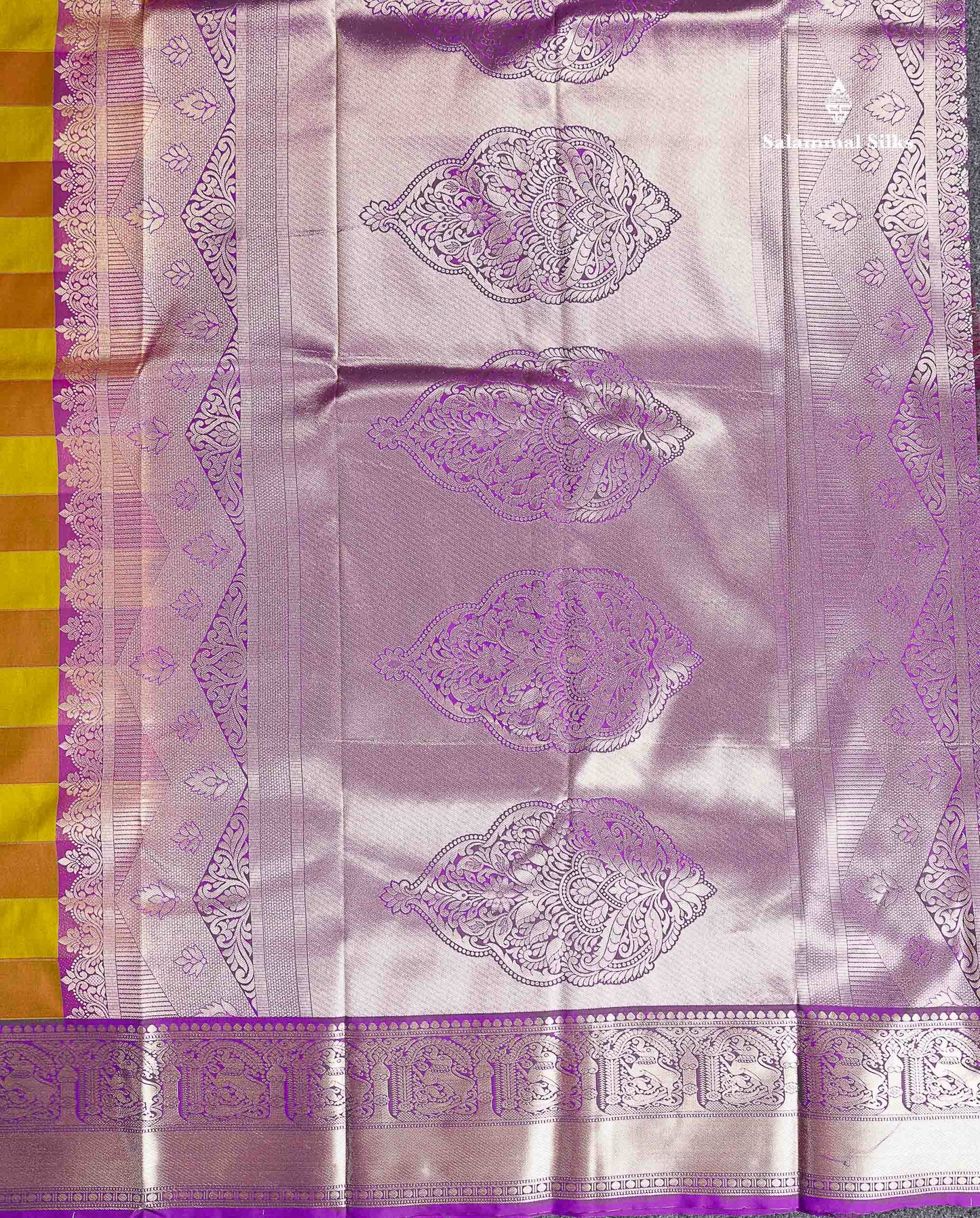 Semi Silk Saree - Paalum Pazham Checks With Traditional Buttas & Purple Border