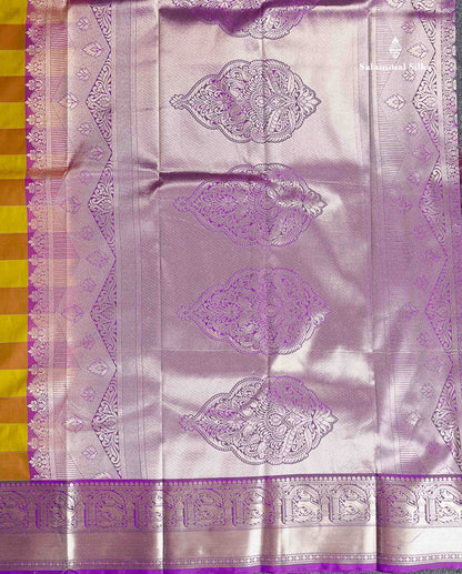 Semi Silk Saree - Paalum Pazham Checks With Traditional Buttas & Purple Border