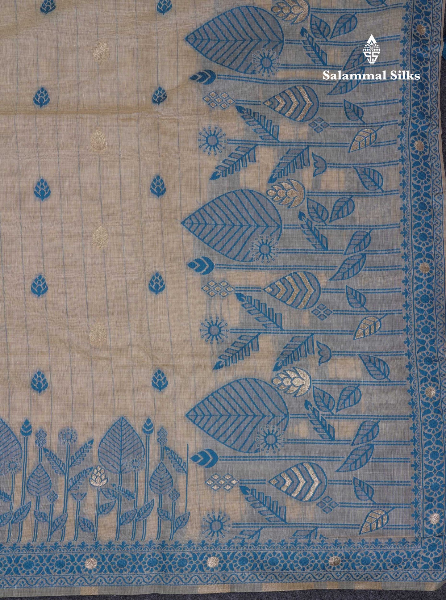 Beautiful Cream Sandal Cotton Mix Saree With Contrast Ramar Blue Fancy Border