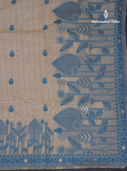Beautiful Cream Sandal Cotton Mix Saree With Contrast Ramar Blue Fancy Border