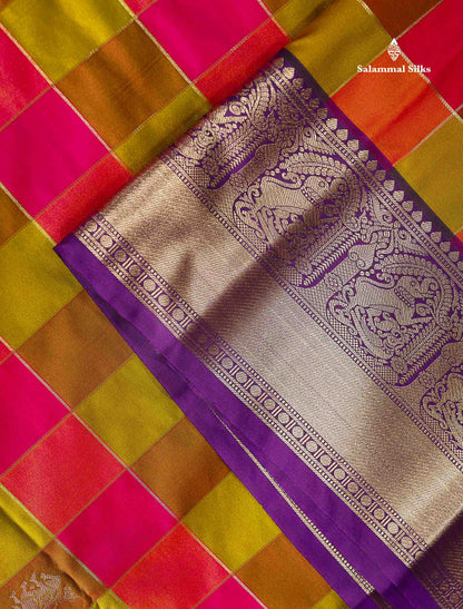 Semi Silk Saree - Paalum Pazham Checks With Traditional Buttas & Purple Border