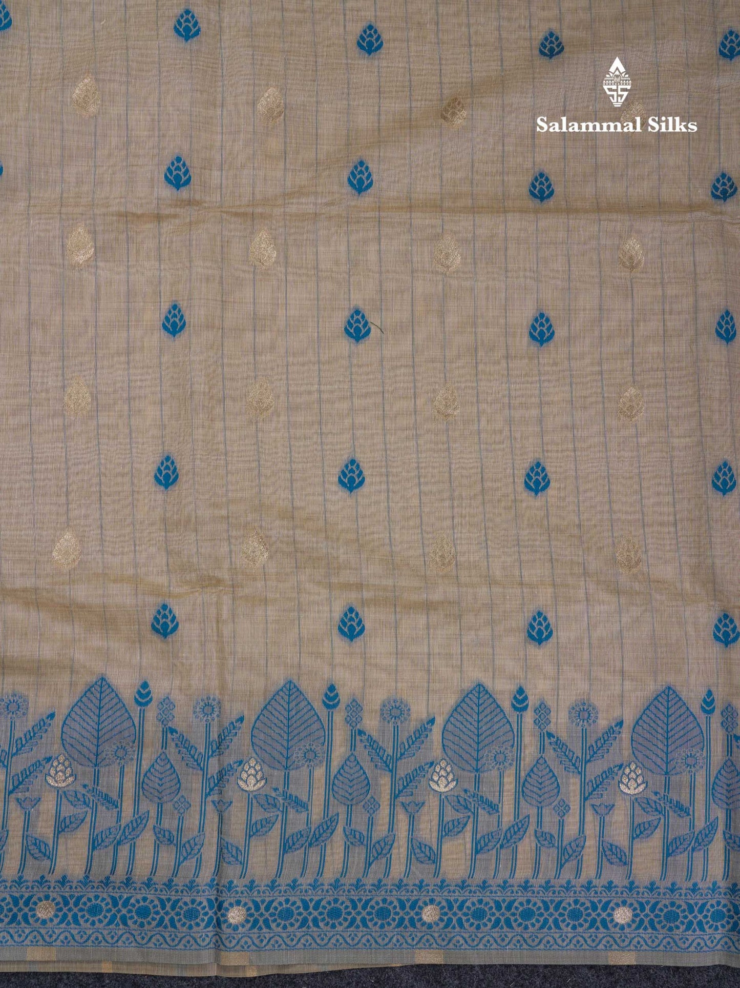 Beautiful Cream Sandal Cotton Mix Saree With Contrast Ramar Blue Fancy Border