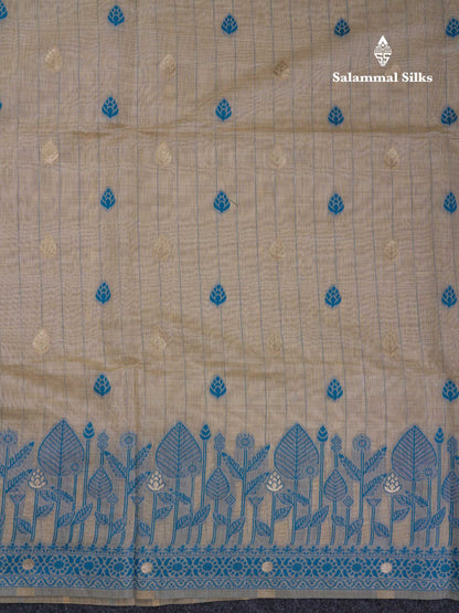 Beautiful Cream Sandal Cotton Mix Saree With Contrast Ramar Blue Fancy Border