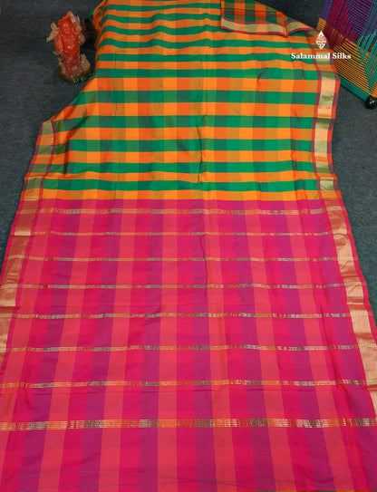 Semi Silk Saree - Paalum Pazham Checks With Tissue Border | 9.5 Yards 
