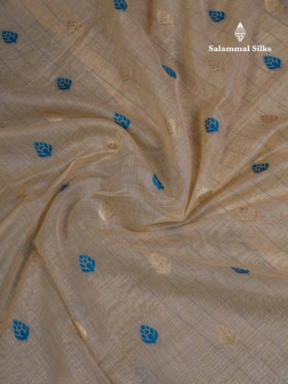 Beautiful Cream Sandal Cotton Mix Saree With Contrast Ramar Blue Fancy Border