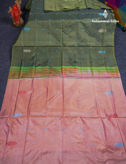 Army Green Thread work Buttas Banana Pinth Saree (Vaazhainaar Pattu) With Contrast Peach Blouse
