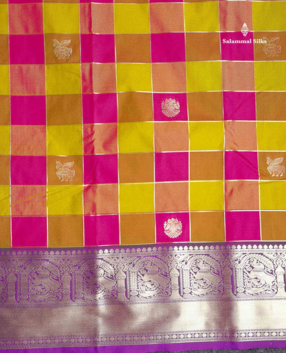 Semi Silk Saree - Paalum Pazham Checks With Traditional Buttas & Purple Border