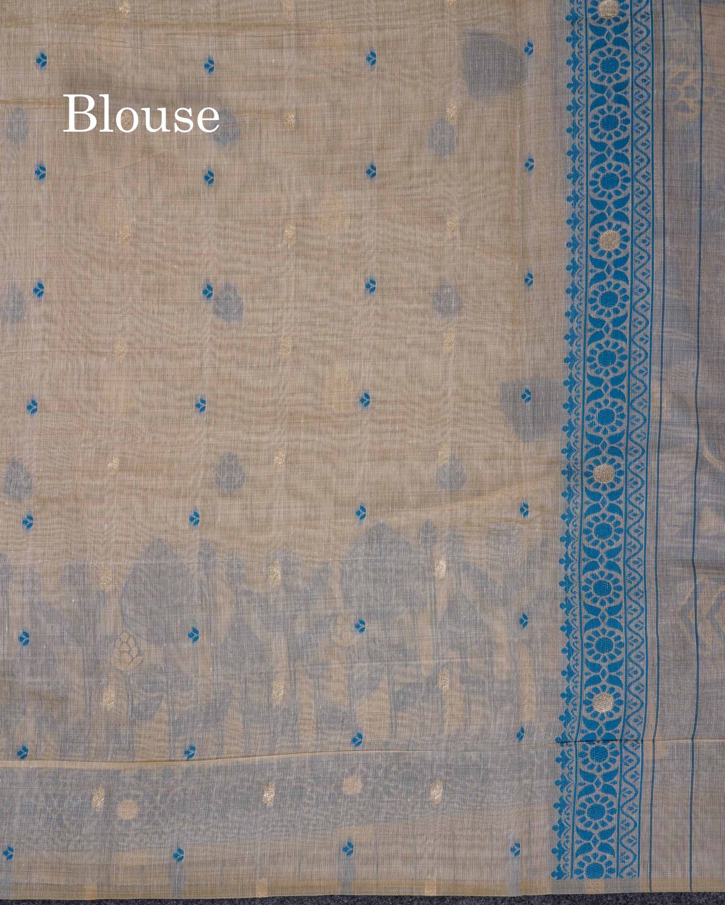 Beautiful Cream Sandal Cotton Mix Saree With Contrast Ramar Blue Fancy Border