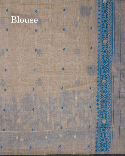 Beautiful Cream Sandal Cotton Mix Saree With Contrast Ramar Blue Fancy Border