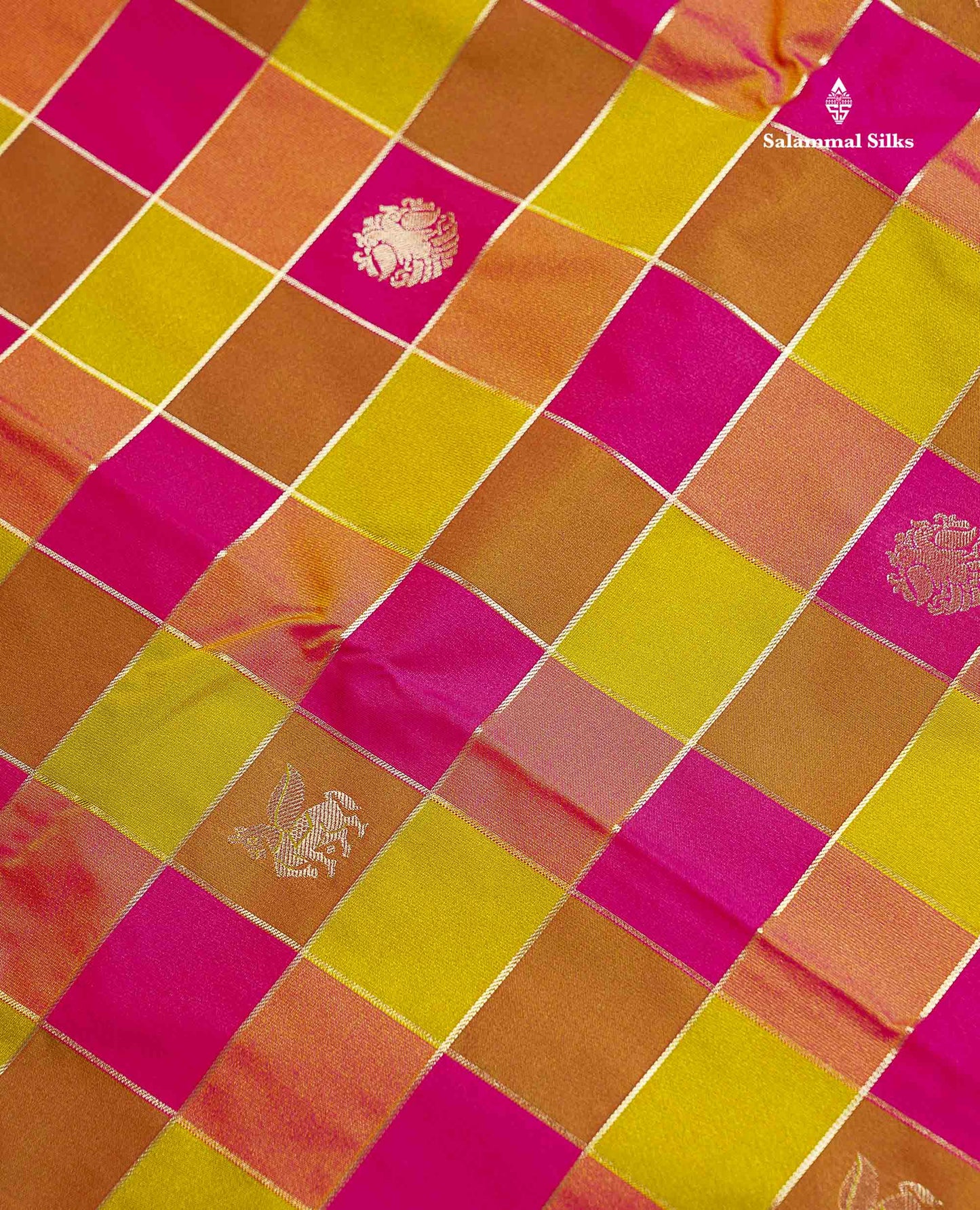 Semi Silk Saree - Paalum Pazham Checks With Traditional Buttas & Purple Border