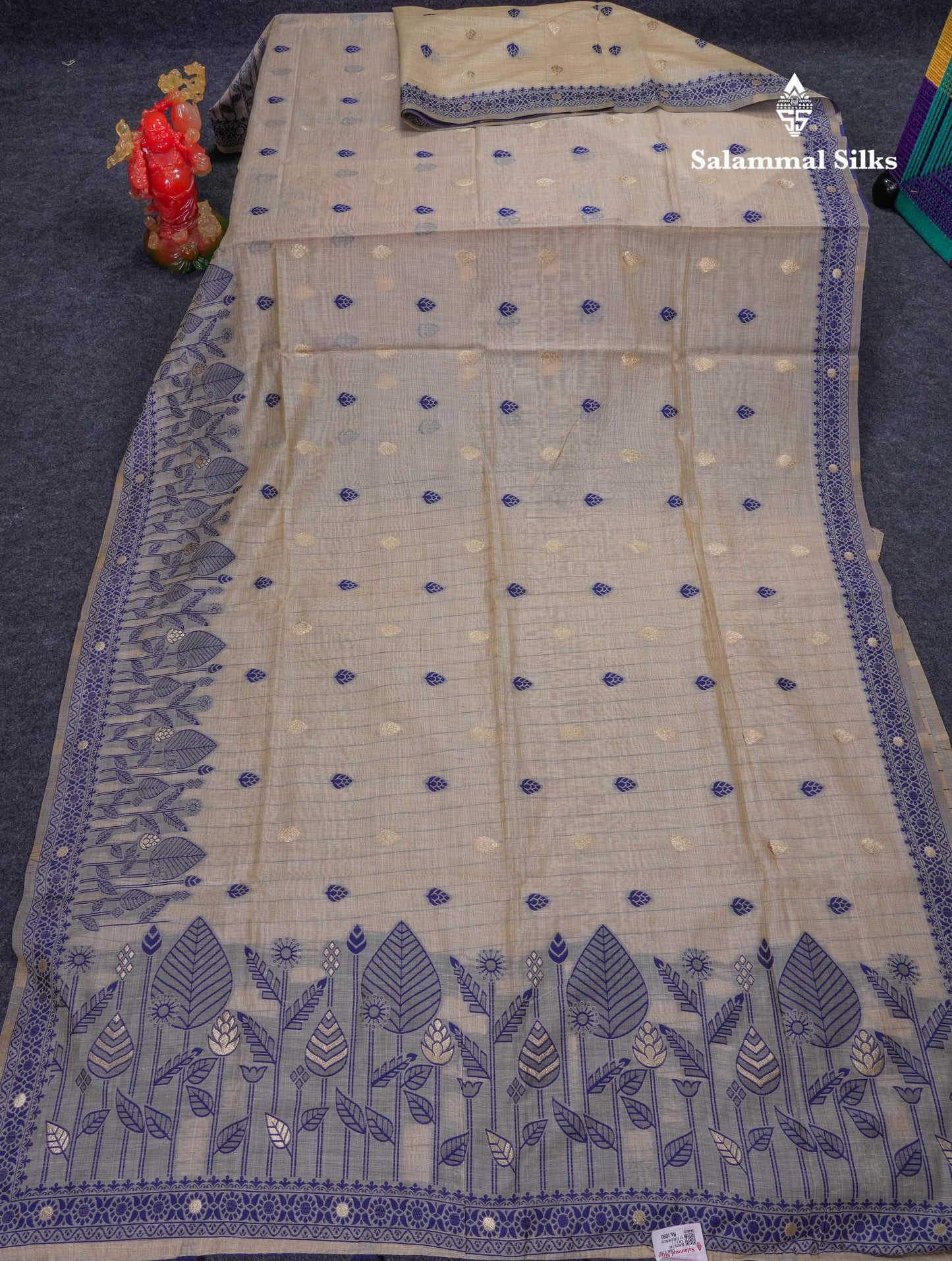 Beautiful Cream Sandal Cotton Mix Saree With Contrast Ramar Blue Fancy Border