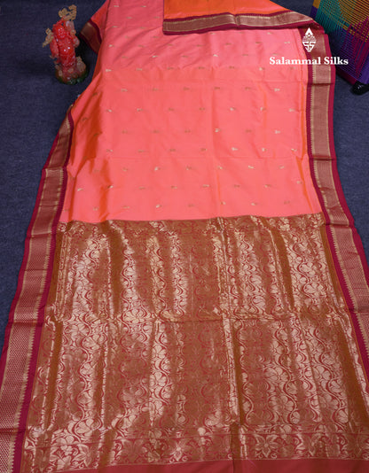 11 Yards Semi Silk Saree Pinkish Peach with Contrast Maroon Traditional Border