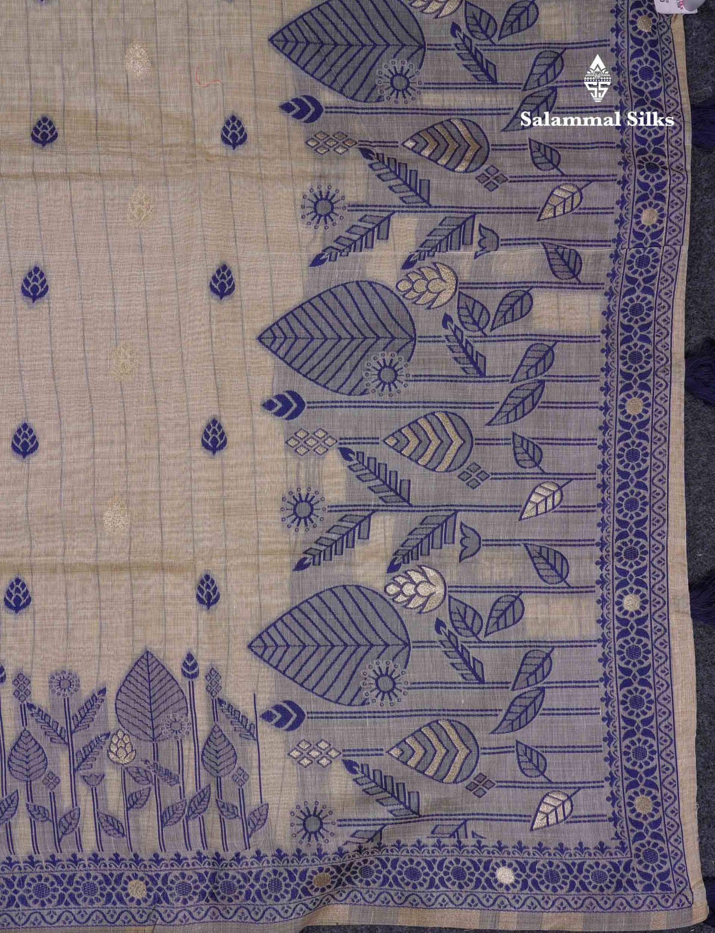 Beautiful Cream Sandal Cotton Mix Saree With Contrast Ramar Blue Fancy Border