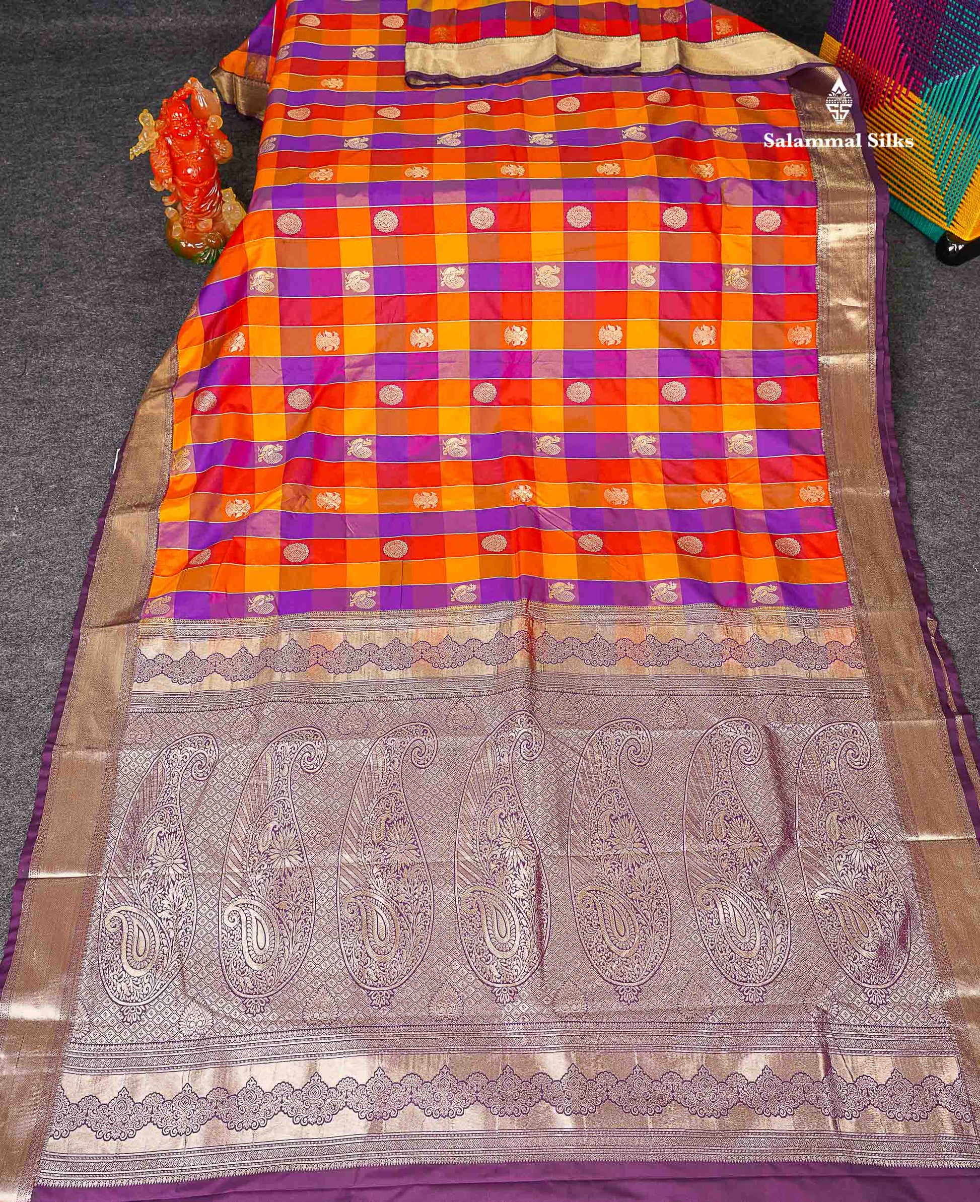 Semi Silk Saree - Paalum Pazham Checks With Traditional Buttas & Dark Purple Border 